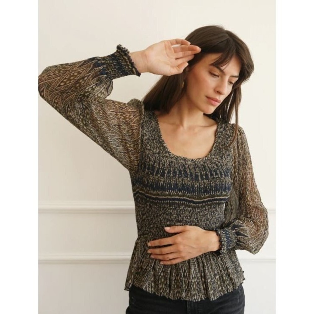 Paneros Clothing Smocked Peplum Top Long Sleeve Green Navy Printed Size S